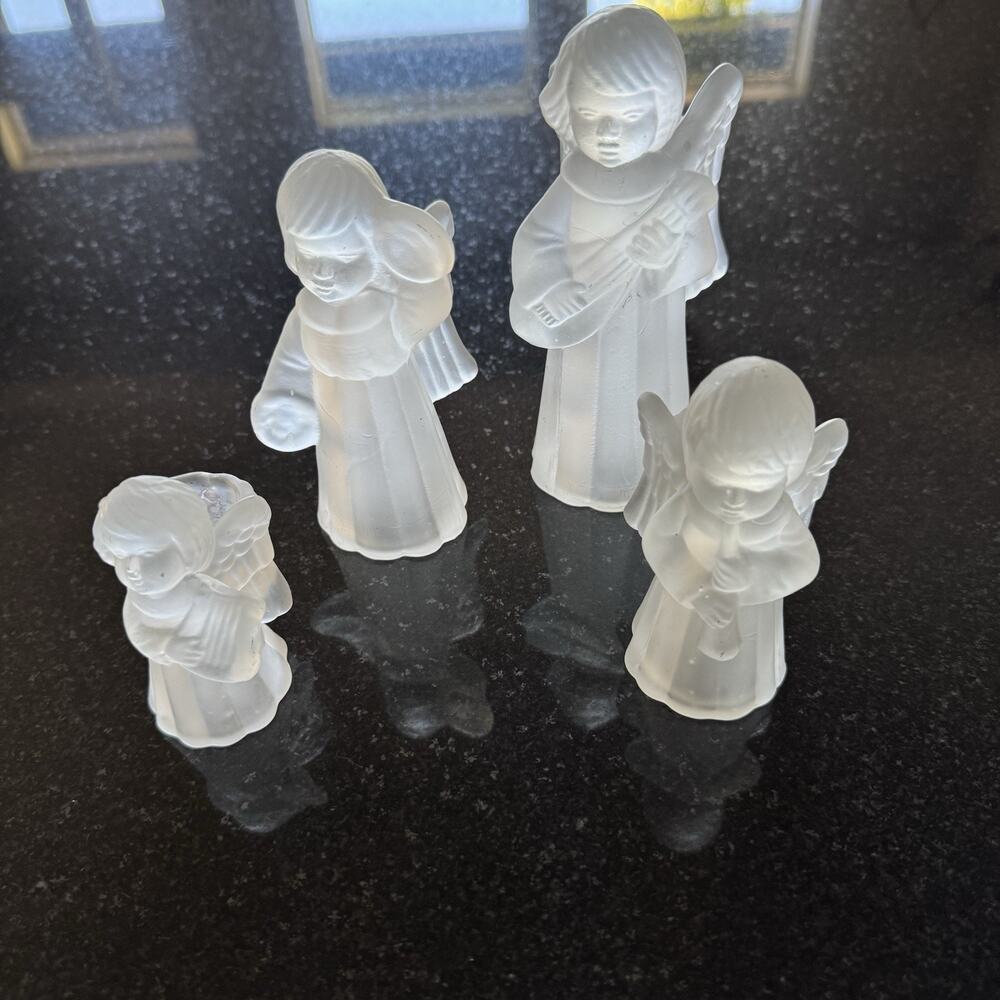 4 Vintage Christmas Angel Candle Holders Heavy Frosted Glass Satin